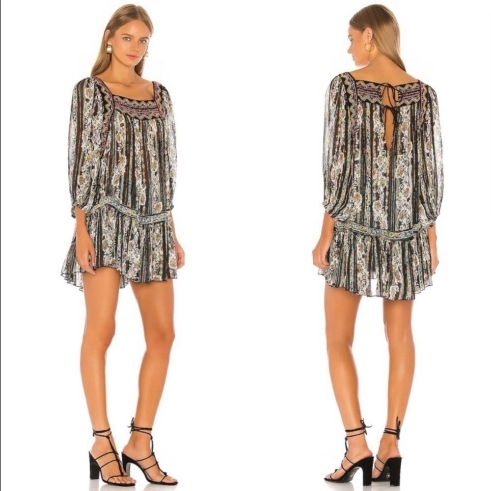 Free People dance magic printed embroidered tunic mini dress Sz M